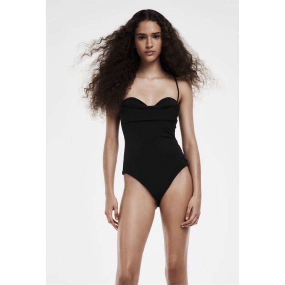 zara 3344/636/800 New Bloggers Favorite Draped Tank Solid Black Bodysuit Mediun